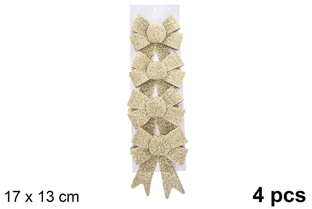 Pack 4 noeuds de Noël dorés brillants 17x13cm