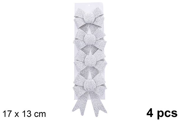 Pack 4 shiny silver Christmas bows 17x13cm  