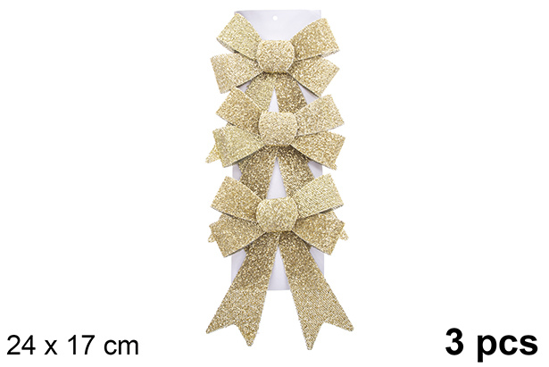 Pack 3 noeuds de Noël dorés brillants 24x17cm