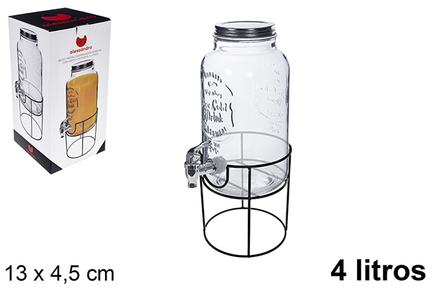 [123207] Bottiglia dispenser per bevande in vetro con rubinetto e supporto da 4 litri