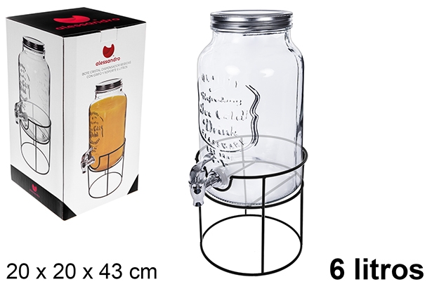 [123208] Bottiglia dispenser per bevande in vetro con rubinetto e supporto da 6 litri