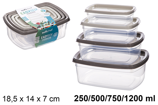 Set di 4 contenitori rettangolari per il pranzo da 250/500/750/1200 ml