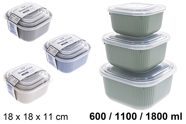 Pack of 3 square plastic lunch boxes 600/1100/1800ml