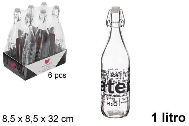[123386] Glass water bottle decorated with letters and a soda cap, 1 liter