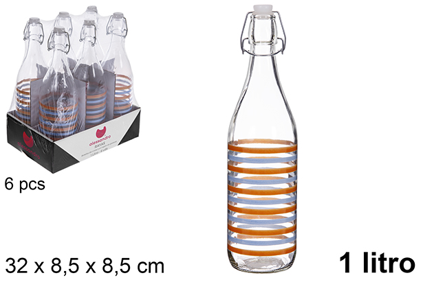 Botella cristal agua decorado rayas tapón gaseosa 1 litro