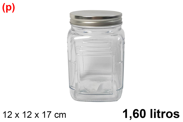 Bocal carré en verre avec couvercle en métal argenté, 1.60 litres