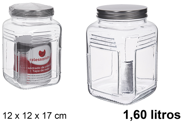 Bote cuadrada cristal tapa metal plateada 1.60 litros