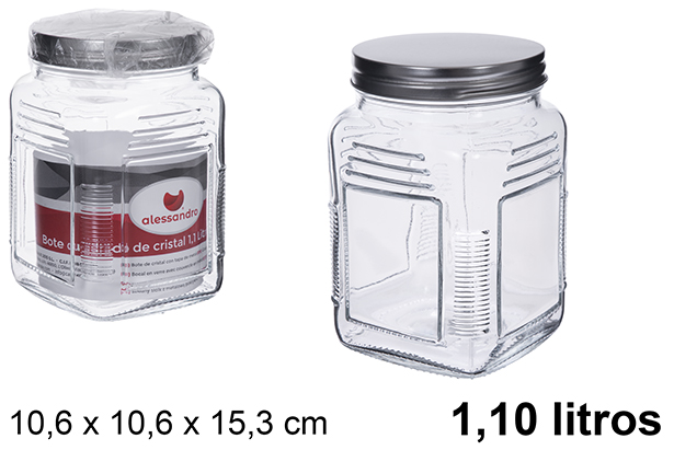 Bote cuadrada cristal tapa metal plateada 1.10 litros