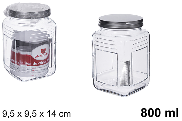 [123427] Square glass jar with silver metal lid 800 ml