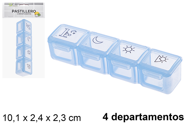 Caixa de comprimidos em plástico com 4 compartimentos para uso diário 10,1x2,4x2,3cm