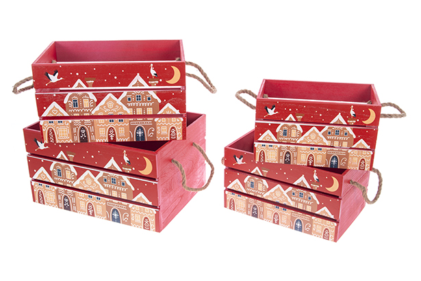 Juego 4 cajas madera roja decorada casas Navidad 40x30x22 cm