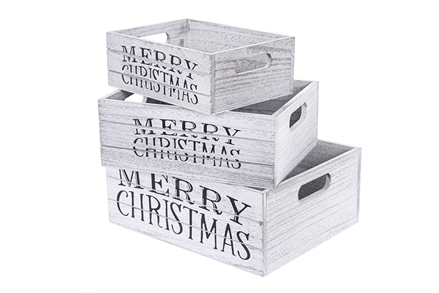 Juego 3 cajas madera gris MERRY CHRISTMAS decorada navidad  30x24x12 cm