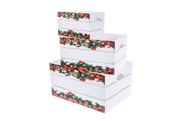 Set of 3 white wooden boxes decorated with Christmas garland 37x27x20 cm 