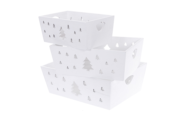 Set di 3 scatole di legno bianche decorate con un albero di Natale, 35x25x12 cm
