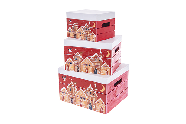 Juego 3 cajas madera roja con tapa decorada casas Navidad 30x25x19 cm