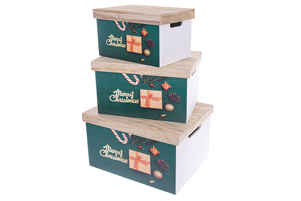 Set di 3 scatole di legno verdi con coperchi Merry Christmas decorate con decorazioni natalizie, 42x33x24 cm