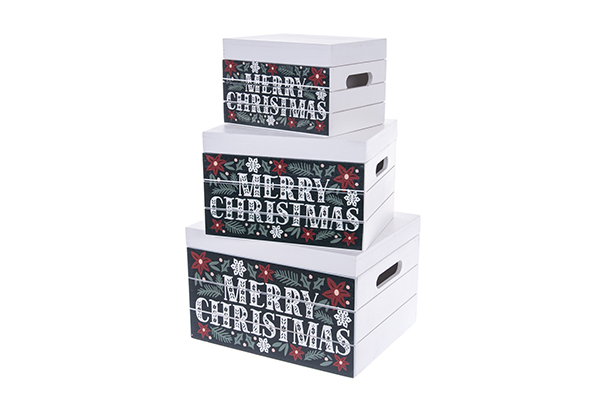 Set of 3 green wooden boxes with Merry Christmas lids decorated with Christmas decorations, 30x25x19 cm