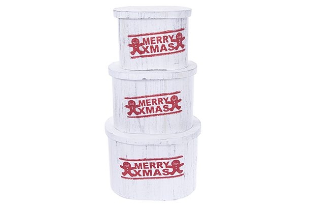 Conjunto de 3 caixas ovais em madeira branca com tampa MERRY XMAS decoradas Natal 36x26x25 cm