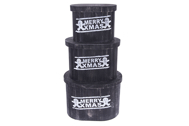 Set di 3 scatole ovali in legno nero con coperchio MERRY XMAS decorate Natale 36x26x25 cm