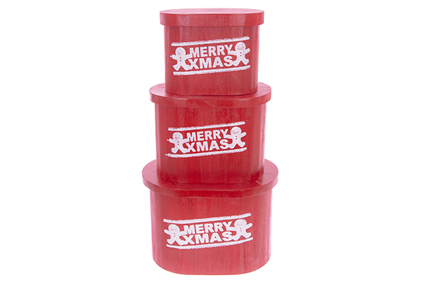 Lot de 3 boîtes ovales en bois rouge avec couvercle MERRY XMAS décorées Noël 36x26x25 cm