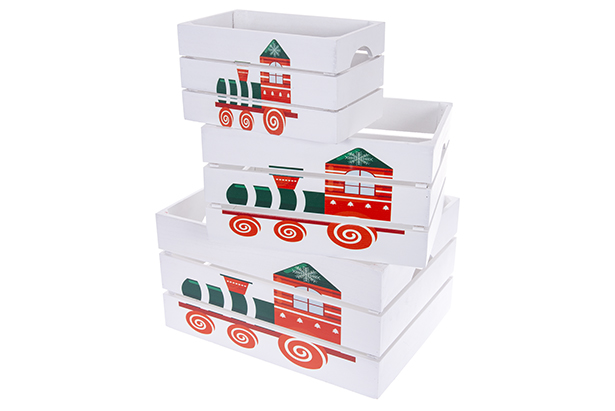 Juego 3 cajas madera blanca decorada tren Navidad 41x31x22 cm