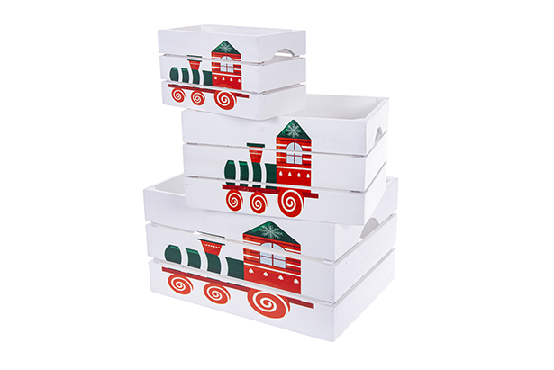 Lot de 3 boîtes en bois blanches décorées de trains de Noël, 37x27x20 cm