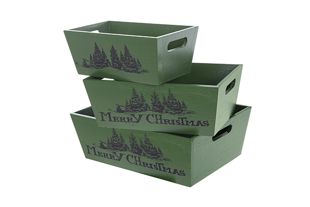 Juego 3 cajas madera verde MERRY CHRISTMAS decorada Navidad 35x25x12 cm