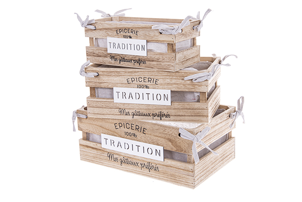 Juego 3 cajas madera natural TRADITION forrada decorada Navidad 37x23x15 cm