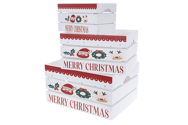 Set of 3 white wooden boxes with Santa Claus and reindeer decorated for Christmas 41x31x22 cm