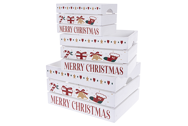 Juego 3 cajas madera blanca regalo y campana decorada Navidad 41x31x22 cm