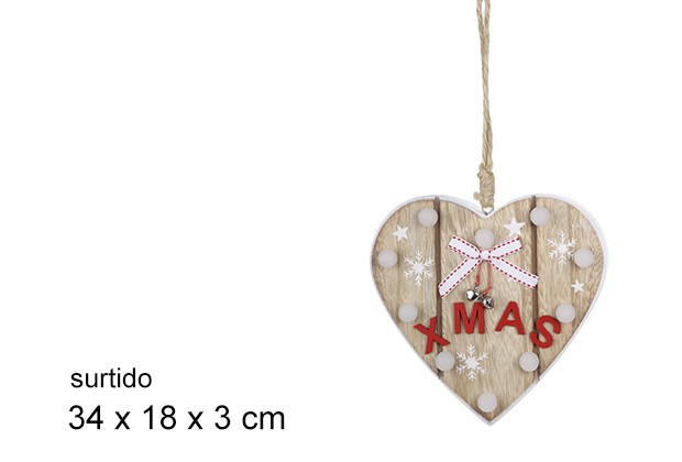 Colgante madera corazón con luz surtido