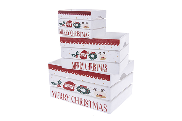 Set di 3 scatole in legno bianco con Babbo Natale e renne decorate per Natale 37x27x20 cm