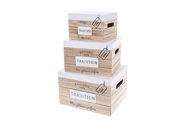 Juego 3 cajas madera natural con tapa TRADITION decorada Navidad 30x25x19 cm 