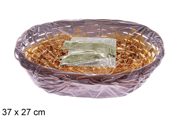 Cesto oval de mogno com palha e celofane 37x27 cm