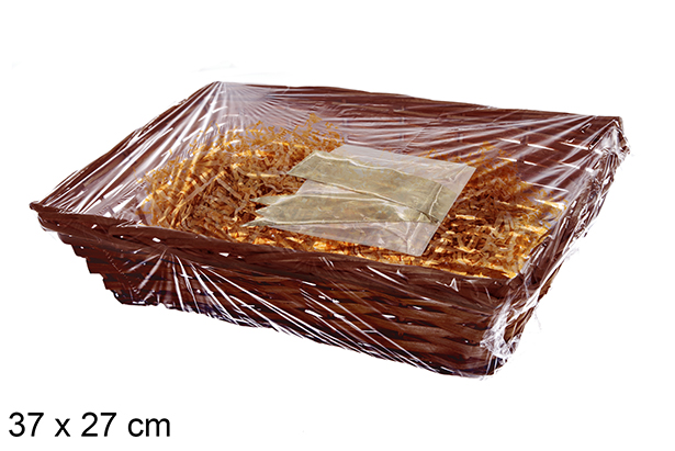 Cesta rectangular caoba con paja y celofan 37x27 cm