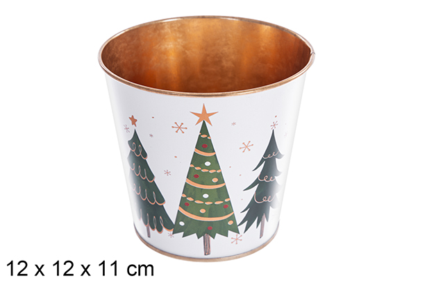 Vaso in metallo decorato con alberelli di Natale 12x12x11 cm