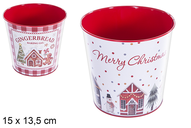 Vaso da fiori in metallo decorato, con motivo a casetta natalizia 15x13,5 cm