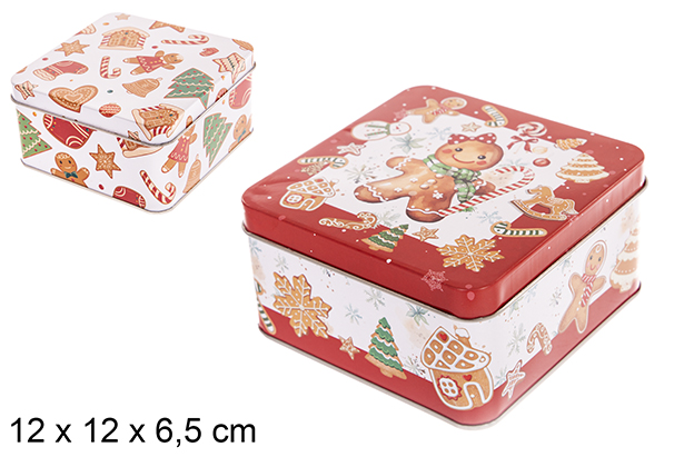 Boîtes en métal carrées décorées de Noël assortie 12x12x6.5 cm