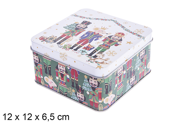 Caixa metálica quadrada decorada com diversos quebra-nozes natalinos 12x12x6.5 cm