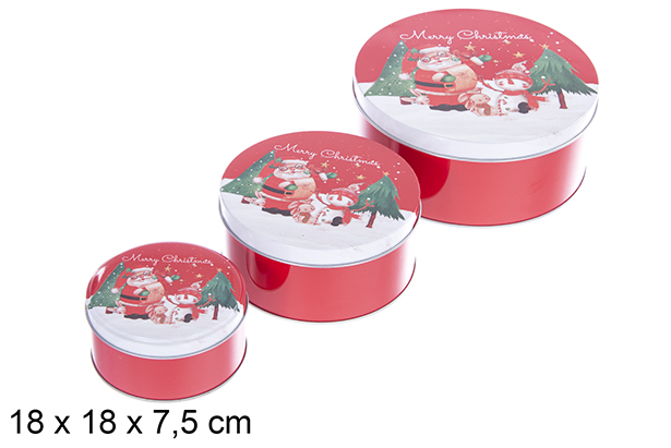 [123704] Set 3 caixas redondas de metal decoradas com Papai Noel para o Natal 18x18x7.5 cm