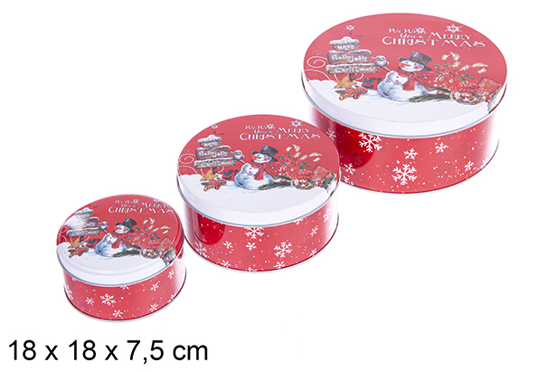[123705] Set 3 Round Metal Boxes Decorated with Snowman for Christmas 18x18x7.5 cm