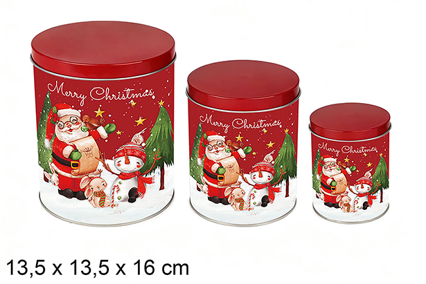 [123706] Juego 3 botes metal redondos decorados Papa noel Navidad 13.5x13.5x16 cm 