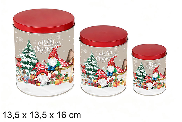 Juego 3 botes metal redondos decorados Enano Navidad 13.5x13.5x16 cm
