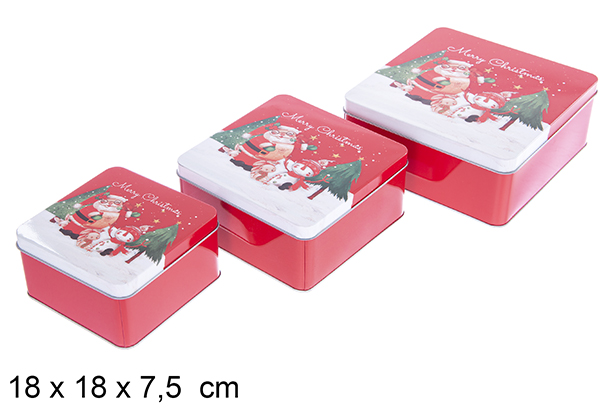 Juego 3 Cajas metal cuadrada decorada Papa noel Navidad 18x18x7.5 cm
