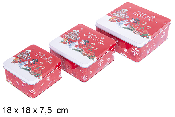 Juego 3 Cajas metal cuadrada decorada Muñeco de nieve Navidad 18x18x7.5 cm