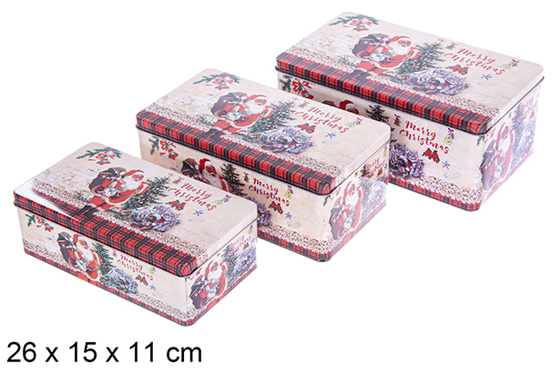 Set 3 caixas retangulares de metal decoradas com Papai Noel para o Natal, 26x15x11 cm