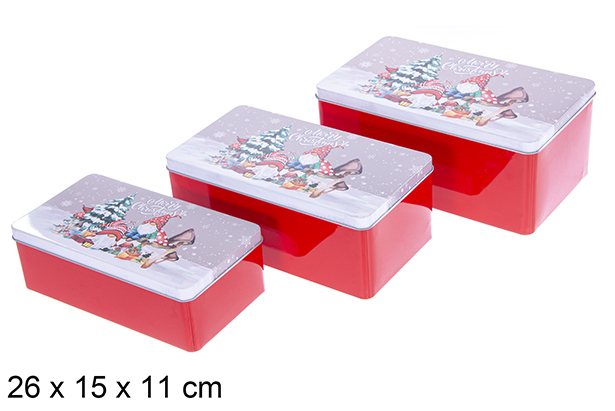Set 3 scatole rettangolari in metallo decorate con gnomi natalizi, 26x15x11 cm