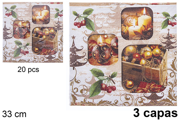 Pack 20 servilletas 3 capas decoradas Bolas Navidad 33 cm