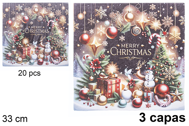 Pack 20 servilletas 3 capas decoradas objetos de Navidad 33 cm