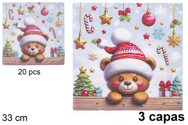 Pack 20 servilletas 3 capas decoradas oso Navidad 33 cm